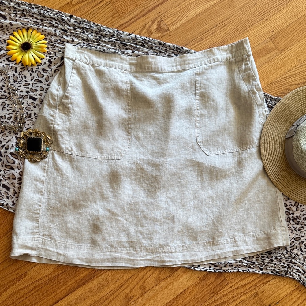 🩷 Foxcroft NYC; Classic 100% Linen Tan Short Skirt w/Elastic Waist & Pockets XL!